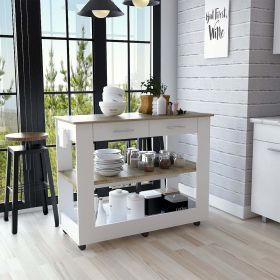 DEPOT E-SHOP Delos 46 Kitchen Island White, Six Casters, Two Drawers, Lower Open Shelf, White / Light Oak