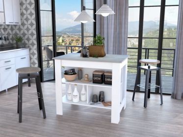 Brooklyn Kitchen Island; Three Concealed Shelves (Color: White / Ibiza Marble)