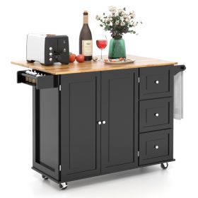 Kitchen Island Trolley Cart Wood with Drop-Leaf Tabletop and Storage Cabinet (Color: black)