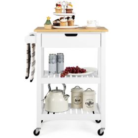 3-Tier Kitchen Island Cart Rolling Service Trolley with Bamboo Top (Color: White)